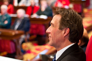 Lt. Gov. Phil Scott, a Republican, listens to Gov. Peter Shumlin give his budget address on Jan. 25, 2011. Photo by Josh Larkin