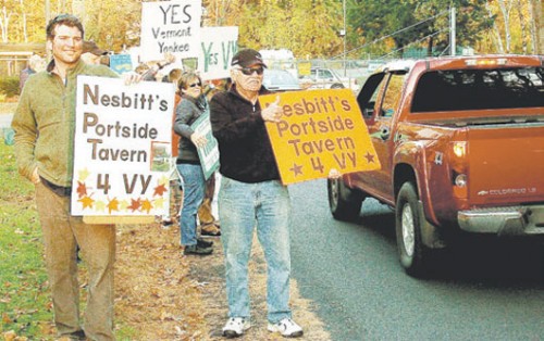 Vermont Yankee Rally Cameron and Dick Nesbitt of Nesbitt’s Portside Tavern in Vernon show their support for Vermont Yankee’s workers at a rally at the plant on Sunday. Photo by Randolph T. Holhut.