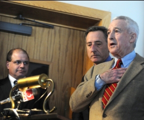 Commerce and Community Development Secretary Lawrence Miller and Vermont Gov. Peter Shumlin listen to developer Jesse "Sam" Sammis talk about the details of a new visitor center to be built off I-89 during a news conference at the Three Stallion Inn in Randolph on January 16, 2013.
Valley News photo/Sarah Priestap