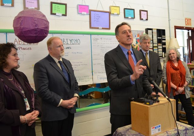 DCF Deputy Commissioner Reeva Murphy, DCF Comissioner Dave Yacavone, Gov. Peter Shumlin, and AHS Secretary Doug Racine in February 2013. Photo by Alicia Freese/VTDigger