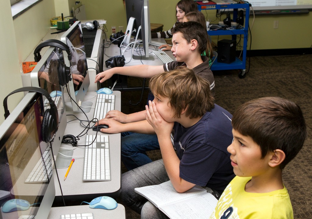 Students in Windy Kelley's fifth grade classroom at Union Elementary School in Montpelier work on computers. Photo by Roger Crowley/for VTDigger