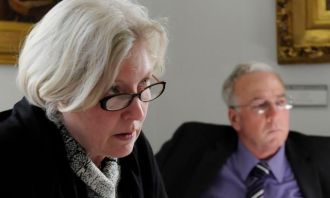 Sen. Jane Kitchel, D-Caledonia, presides over the Senate Appropriations Committee's final budget writing while Jim Reardon, Commissioner of the Department of Finance and Management, looks on. Photo by Hilary Niles/VTDigger 