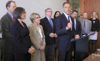 Gov. Peter Shumlin announced two economic development initiatives Monday, April 14, 2014. VTDigger image from video