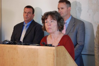 Cindy Walcott, deputy commissioner of the Department for Children and Families, answers questions on the death of Winooski toddler Peighton Geraw at a news conference Thursday in Burlington. Photo by Laura Krantz/VTDigger
