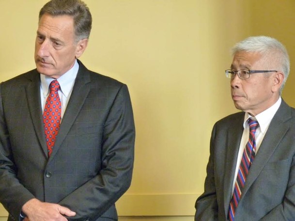 Gov. Peter Shumlin (left) and interim Secretary of the Agency of Human Services Harry Chen announced Tuesday that the Vermont Health Connect website will be offline for repairs. Photo by Morgan True/VTDigger