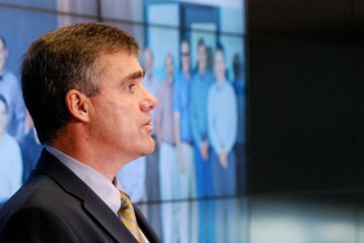Tom Dunn, president and CEO of VELCO, joined state and private company officials to announce the Vermont Weather Analytics Center at a news conference at the State Emergency Operations Center in Waterbury on Wednesday.  Photo by John Herrick/VTDigger 