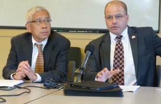 Dr. Harry Chen, interim Secretary of Human Services, and Lawrence Miller, chief of health care reform. VTDigger photo by Morgan True. 
