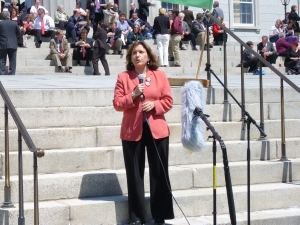 Deb Markowitz, Democratic candidate for governor, speaks at the Race to Replace Vermont Yankee rally at the Statehouse on April 30, 2010