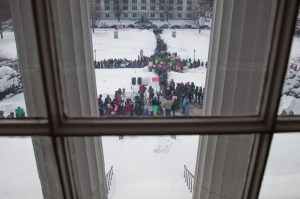 20110309--healthRally-2 By 11 a.m. crowds began amassing outside the Statehouse. Photo by Josh Larkin.