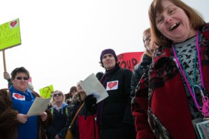 20110309--healthRally-3 Nearly one thousand protesters including service providers, the general public, the mentally ill and the developmentally disabled voiced their oppostion to the proposed budget cuts. Photo by Josh Larkin.
