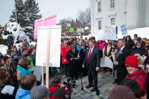 20110309--healthRally-6 Sen. President Pro-Tempore John Campbell surrounded by the crowd. Photo by Josh Larkin.