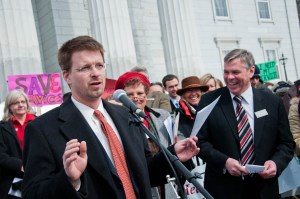 20110309--healthRally-9 House Speaker Shap Smith speaking to the crowd. Photo by Josh Larkin