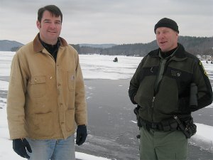 Commissioner Berry and Game Warden Greg Eckhardt on the Lake Bomoseen ice. Photo by Dennis Jensen.