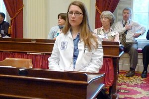 20110317_doctor Dr. Cherie Paquette, a pathologist, attends the Put Patients First rally at the Statehouse on March 16, 2011. VTDigger/Anne Galloway