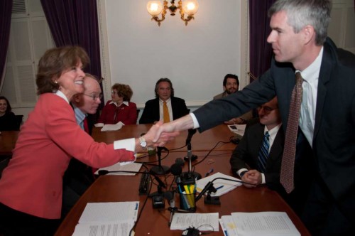 Claire Ayers Mark Larson Full Sen. Claire Ayer and Rep. Mark Larson shake hands just following H.202 being signed out of conference committee. VTD/Josh Larkin