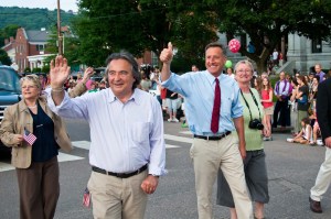 From left, Sen. Ann Cummings, Sen. Anthony Pollina, Gov. Peter Shumlin and Special Assistant to the Governor Susan Bartlett wave to parade-goers during Montpelier's Fourth of July celebration. VTD/Josh Larkin
