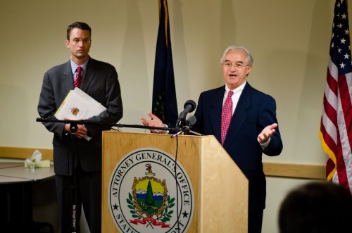 Vermont AG William Sorrell, right, said his office lacked the evidence needed to bring criminal charges against Vermont Yankee Officials. At left is Asst. Attorney Gen. John Treadwell. VTD/Josh Larkin