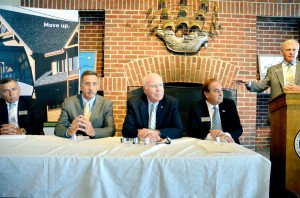 AnC Bio announcement at Gateway Center in Newport on July 29. From left, Ariel Quiros, chairman AnC Bio US, Governor Peter Shumlin, Senator Patrick Leahy, William Kelly, advisor to AnC Bio, and, at podium, Bill Stenger, partner with Mr. Quiros at Jay Peak Resort, and investor in AnC Bio. Photo by Joseph Gresser.