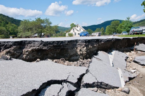 Floodwaters from Irene tore away sections of roadway on Route 100. such as this section in Lower Granville. VTD/Josh Larkin