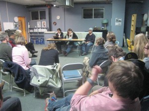 Border Panel From left, Macrina Cárdenas de Alarcón, Mexico Solidarity Network translator Lindsey Hoemann and Danilo Lopez of the Vermont Migrant Farmworker Solidarity Project. Photo by Ben Dangl.