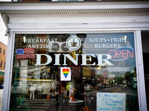 Gay Marriage A support for gay marriage heart sign hung on the window of Montpelier's Coffee Corner. Photo by Gwen Roolf.