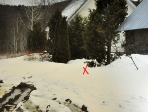 20111203_kinnery The driveway to the home of Gladys Kennery. The red “X” marks the spot where she fell. Photo courtesy of Lorraine Kennery.