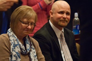 Sally and Tommy Garafano, the widow and son of Michael Garafano, a Rutland City employee who lost his life along with their son Michael Jr. while checking a city water supply inlet during Hurricane Irene. VTD/Josh Larkin