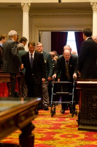 Peter Shumlin Budget 2012 Vert Lt. Gov. Phil Scott, left, and Sen. Bill Doyle lead senators into the House Chambers on Thursday. VTD/Josh Larkin