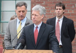 120502_ShumlinHollar_storytop Montpelier Mayor John Hollar speaks at a press conference with Gov. Peter Shumlin, left. Photo by Taylor Dobbs