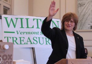 Rutland City Treasurer Wendy Wilton addressed supporters at the launch of her campaign for state treasurer. VTD Photo/Taylor Dobbs