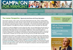 A screenshot of the Campaign for Vermont webpage where Lisman lays out the 'Lisman Perspective.'