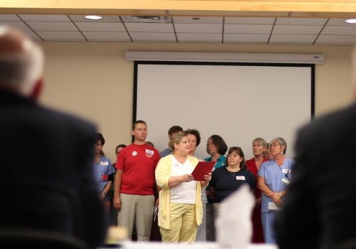 FAHCnursesFULL Mari Cordes, president of the Vermont Federation of Nurses and Health Professionals, expresses concerns over staffing levels to the Fletcher Allen Board of Trustees. Photo by Alan Panebaker