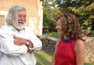 Peter Schumann talks with Goddard College President Barbara Vacarr. Photo by Andrew Nemethy