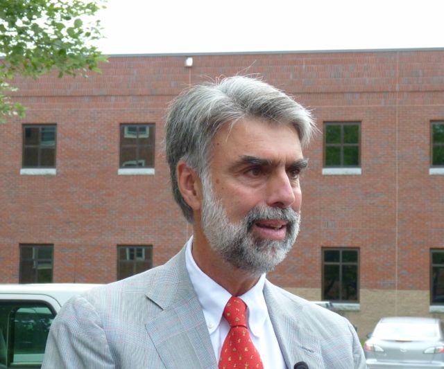 Jeb Spaulding, secretary of the Agency of Administration, talks to reporters at a press conference called by Sen. Randy Brock, the GOP candidate for governor. Photo by Anne Galloway