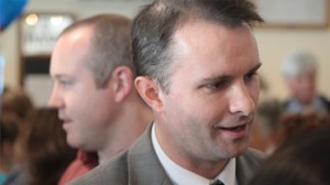 TJ Donovan greeting supporters at his campaign launch in May. VTD file photo/Taylor Dobbs