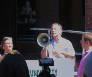 Sen. Philip Baruth speaks at a union rally for University of Vermont staff. Photo by Greg Guma