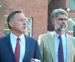 Gov. Peter Shumlin, left, and Jeb Spaulding, secretary of the Agency of Administration, meet with reporters at the Waterbury State Office Complex on Sept. 12, 2012.