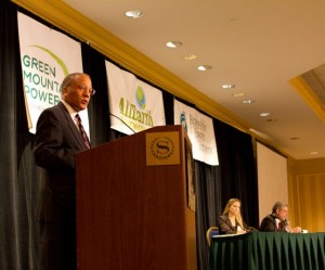 BrockREV Randy Brock, GOP candidate for governor, speaks at the 2012 Renewable Energy Vermont Conference. Photo by Nat Rudarakanchana
