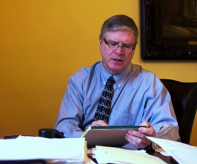 Senate President Pro Tem John Campbell, D-Quechee, sits for an interview at his Statehouse office on Tuesday. Photo by Nat Rudarakanchana