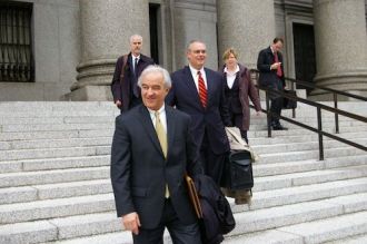 Vermont Attorney General Bill Sorrell, center, leaves the U.S. Second District Court of Appeals in New York City in 2013. File photo by Andrew Stein
