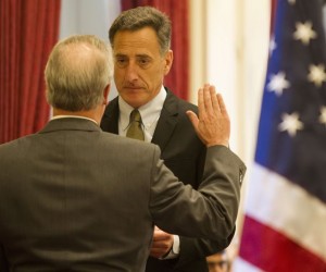 Gov. Peter Shumlin swears in Doug Hoffer, the newly elected state auditor. Photo by Roger Crowley