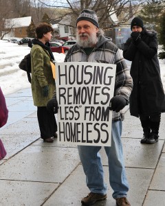 Morgan Brown, longtime advocate for the homeless, at a Statehouse protest. Photo by Roger Crowley