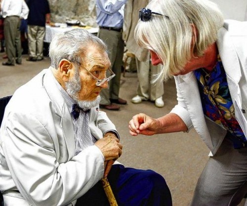 Koop listens to Betsey Stefany, of Hanover, who greets him after his speech at Lebanon College on July 2011. (Valley News - Polina Yamshchikov)