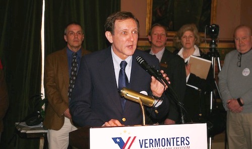 Dr. Dan McCauliffe of Rutland was one of a handful of doctors who spoke out on Wednesday, April 3, 2013, at the Statehouse in opposition a key provision of Act 48. Photo by Andrew Stein
