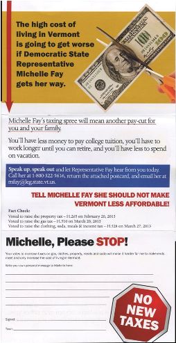 A mailing to a constituent of Rep. Michelle Fay from Vermonters First.