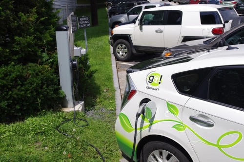 A recharging station for the state's fleet of solar vehicles sits at the corner of State Street and Gov. Aiken Ave. in Montpelier. Photo by Tom Brown/VTDigger