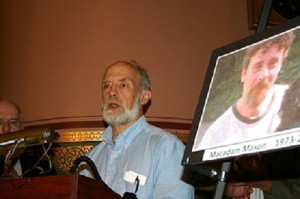 Rep. Jim Masland, D-Thetford, speaks at a Statehouse ceremony Thursday marking the first anniversary of the Taser death of Macadam Mason, who was Masland's neighbor. Photo by Andrew Stein/VTDigger