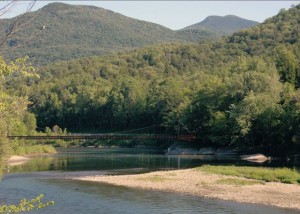 This manipulated photo, produced by bridge designers, shows how the Green Mountain Club’s planned suspension over the Winooski River, east of Jonesville, will look when completed. Construction on the bridge is to begin this month. Photo courtesy of the engineering firm, VHB Inc. of Ferrisburgh, and GMC.