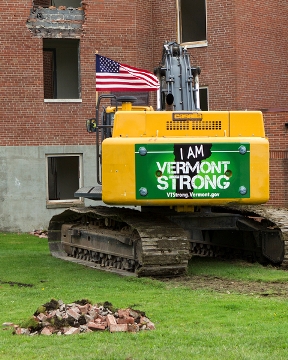 Demolition begins at the reconstruction project of the Waterbury State Office Complex, damaged by Tropical Storm Irene in 2011. Photo by Roger Crowley for VTDigger