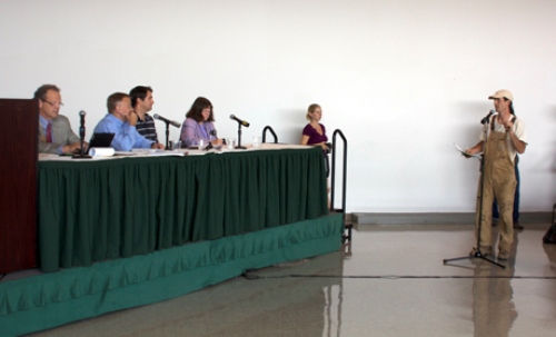 State Sen. David Zuckerman, P/D-Chittenden, was one of the farmers who spoke to officials from the FDA about proposed food safety regulations at the Hopkins Center at Dartmouth College in Hanover, N.H., on Tuesday. Photo by Viola Gad/VTDigger